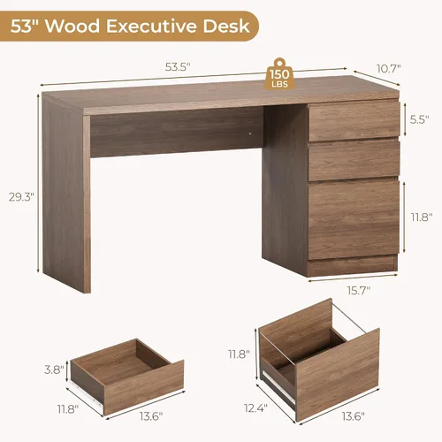 Miniatura 2 de FUNKOCO Escritorio blanco para computadora con 3 cajones, escritorio de madera para oficina en casa de 53 pulgadas con cajón de archivos