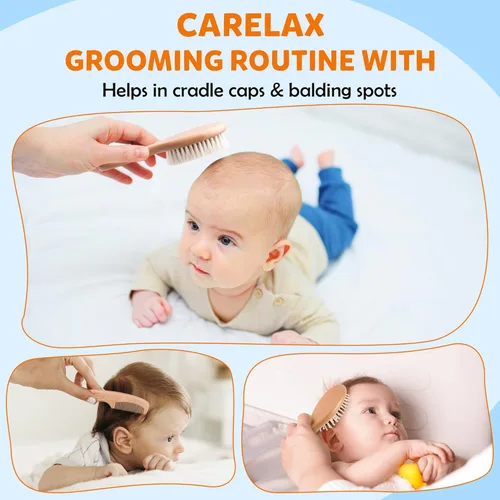 Miniatura 4 de Juego de cepillo y peine para el pelo del bebé, cepillo de madera orgánica con cerdas naturales de cabra de 3 piezas para recién nacidos y niños