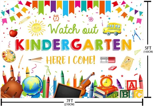 Miniatura 5 de AIBIIN Fondo de 7 x 5 pies para jardín de infantes para el regreso a la escuela, con texto en inglés "Watch Out Kindergarten Here I Come", Blanco