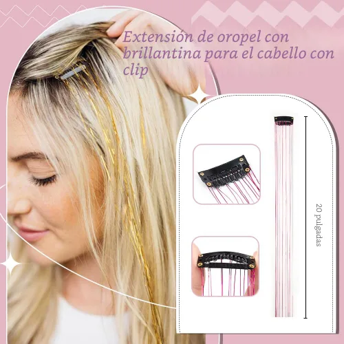Miniatura 3 de Paquete de 12 piezas de accesorios para el cabello con purpurina colorida de 20 pulgadas, extensiones de oropel con clip, accesorios para el cabello