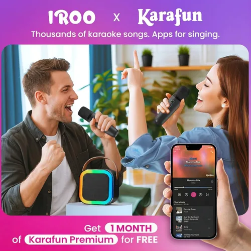 Miniatura 4 de IROO - Máquina de karaoke para niños y adultos, minialtavoz Bluetooth portátil con 2 micrófonos inalámbricos y luces de fiesta, para celular, regalo