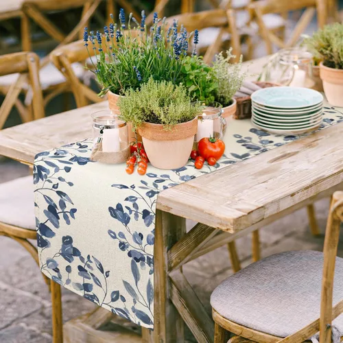 Miniatura 3 de AnyDesign Camino de mesa azul y blanco de 13 x 71.2 pulgadas, hojas de plantas azules, cubierta de mesa de acuarela, cocina, comedor, decoración