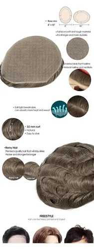 Miniatura 5 de Tupé para hombre 100% cabello humano real europeo de 8 x 10 pulgadas, gorra base súper suave y transpirable, encaje francés completo de densidad #17
