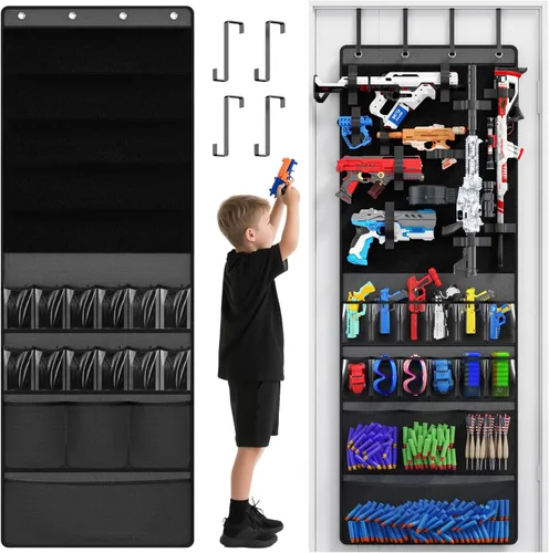 Miniatura 9 de Organizador sobre la puerta para pistolas de juguete, organizador de almacenamiento de pistolas de juguete con bolsillos y ranuras para niños, Verde