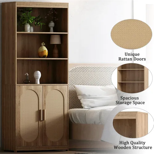 Miniatura 3 de SSLine Gabinete bohemio de ratán para oficina en casa de 71 pulgadas de alto, estantería de madera con 3 puertas decorativas de ratán y 3 estantes