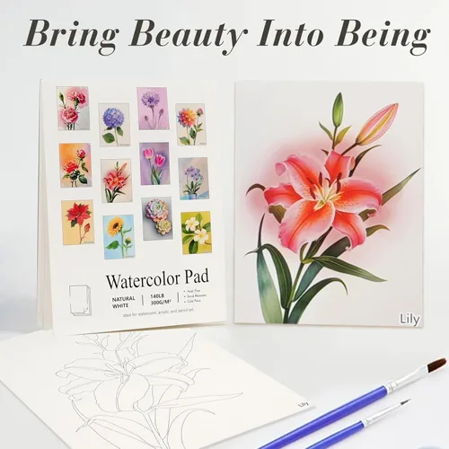 Miniatura 3 de RGBMIX Libro de papel de acuarela de 12 hojas con flores, 6x8'' Papel para acuarela, bloc de papel para colorear, pintura para alivio del estrés