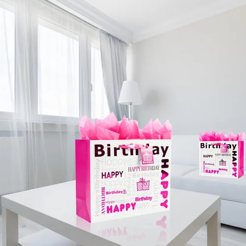 Miniatura 3 de JWSCYSY Bolsa de regalo grande de color blanco y rojo rosa con papel de seda, bolsa de regalo de feliz cumpleaños para niñas y mujeres, 12.6 x 10.25