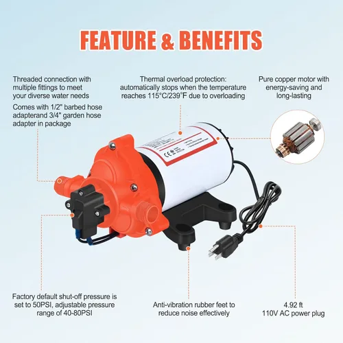 Miniatura 5 de Bomba de presión de agua de 110 V, 4.0 GPM, 50 PSI, alimentación de CA bajo demanda, bomba de diafragma de transferencia de agua autocebante