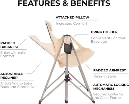 Miniatura 3 de Camphor Designs Hamaca portátil con columpio Tumbona reclinable plegable con reposacabezas y soporte para bebidas Deportes al aire libre, playa