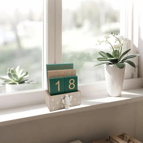 Miniatura 8 de Notakia Calendario perpetuo, calendario de madera para oficina en casa, accesorios de escritorio, calendario vintage de bloques de madera (verde)