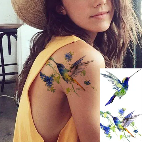 Miniatura 3 de 15 hojas de tatuajes temporales de colibrí de acuarela 3D de FANRUI para mujeres y niñas, pequeño, multicolor, colibrí, tatuaje, temporal, colorido