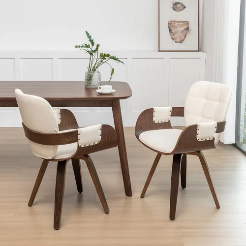 Miniatura 8 de Juego de 2 sillas de comedor giratorias, sillas de comedor modernas de mediados de siglo con brazos y respaldo curvo, madera curvada de piel Nogal