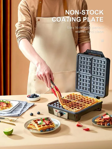 Miniatura 2 de Máquina de gofres belga de 4 rebanadas, plancha para gofres de 1200W, plancha antidesbordamiento con perilla de tostado, placas antiadherentes