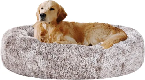 Coohom Cama Ovalada Calmante Tipo Dona Acurrucadora para Perros, Cama de Gato de Piel Sintética Afelpada Lavable Almohada Redonda para Mascotas