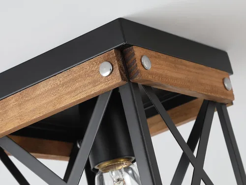 Miniatura 6 de Lámpara de techo rústica de madera de granja, jaula cuadrada de madera de roble y metal, pequeña lámpara de techo semiempotrada para cocina
