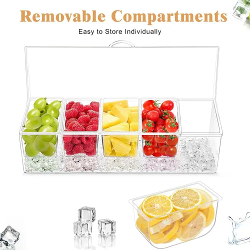 Miniatura 5 de Servidor de condimentos de 5 compartimentos, recipientes de condimentos enfriados con hielo, bandeja transparente para servir condimentos sobre