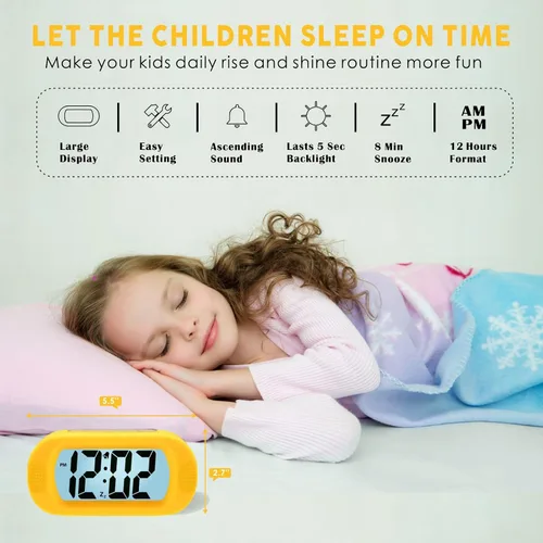 Miniatura 2 de Plumeet Reloj Despertador para Niños Grande Reloj Digital LCD de Viaje con Función de Repetición y Luz Nocturna - Sonido Ascendente y Tamaño de Mano