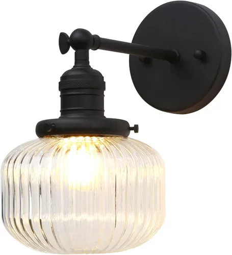 Aplique de pared industrial vintage de 1 luz con pantalla de globo de vidrio a rayas transparentes para interiores (negro)