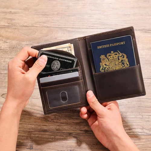 Miniatura 2 de Polare - Cartera plegable de cuero de grano completo para pasaporte con bloqueo RFID, 2 pasaportes, Marrón oscuro, Slim