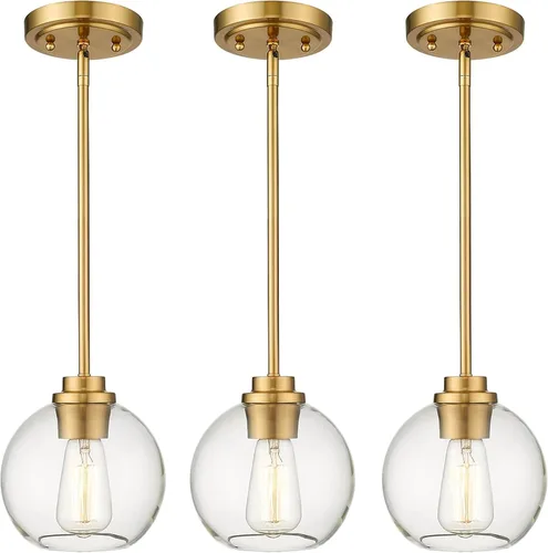 Miniatura 13 de Luces Colgantes de Latón para Isla de Cocina Paquete de 2, Luz Colgante Dorada Estilo Granja con Pantalla de Globo de Vidrio Transparente