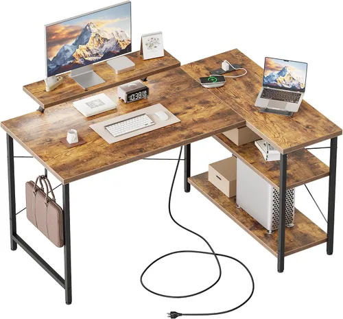 Miniatura 13 de Mericonia Escritorio pequeño en forma de L para computadora con tomas de corriente, escritorio de juegos para espacios pequeños, escritorio