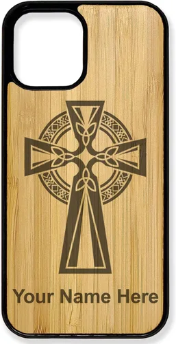 Funda de madera natural compatible con iPhone, cruz celta, grabado personalizado incluido (bambú)