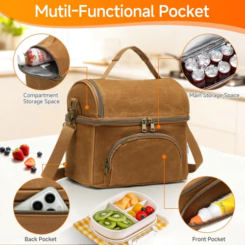 Miniatura 4 de Waxed Canvas Lunch Bag with 2 XL Ice Packs, Canvas Lunch Box, Lunch Cooler for Men Work, 10.5L 2 Compartments Insulated Leakproof Cooler Bags for