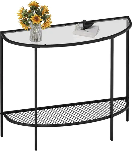 Miniatura 10 de SAYGOER Mesa de consola negra media luna de dos niveles, mesa estrecha para entrada con almacenamiento, mesa moderna para sofá, mesas pequeñas