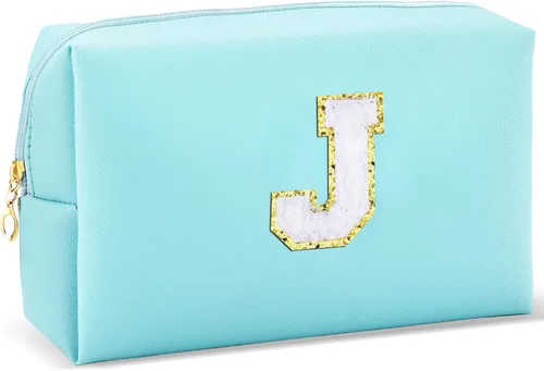 URSKYTOUS Regalos para niñas, bolsa de maquillaje con inicial, bolsa de cosméticos personalizada con cremallera, bonita bolsa de aseo de viaje, Azul