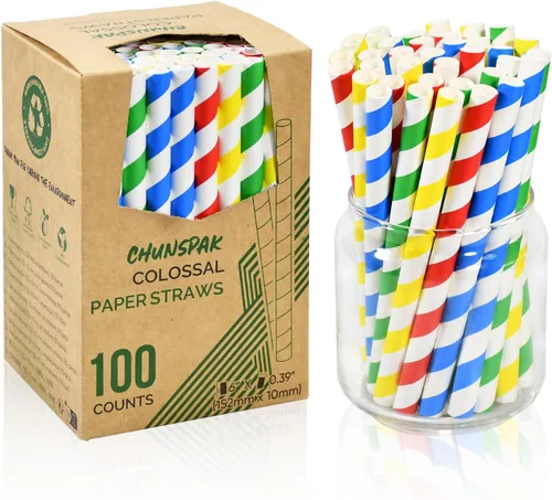 Pajitas desechables de papel a rayas coloridas de 6 pulgadas, 100 unidades para batidos, batidos y bebidas gruesas, biodegradables
