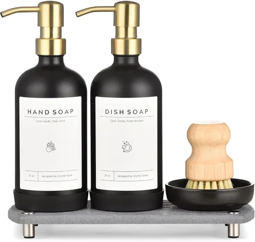 Miniatura 13 de Juego de dispensador de jabón de cocina de lujo - Botella de vidrio blanco de 16 onzas, bomba de acero inoxidable, bandeja de secado instantáneo