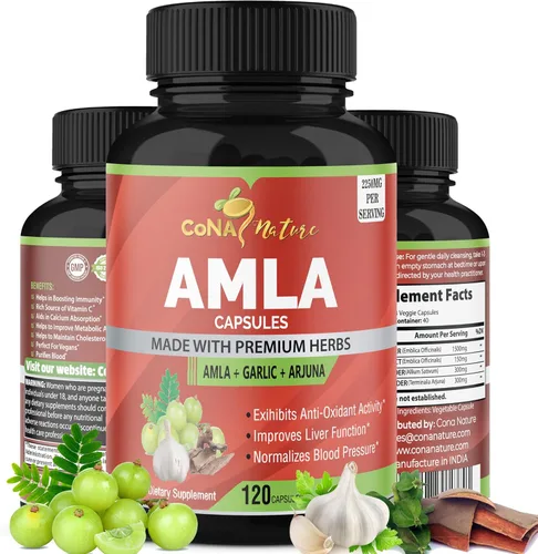 Cápsulas orgánicas Amla de 2250 mg y Arjuna, Ajo | Suplementos naturales de vitamina C, altos antioxidantes, rejuvenecedor | Apoya la inmunidad,