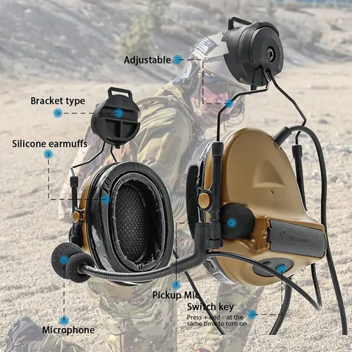 Miniatura 3 de Auriculares tácticos con adaptador de riel ARC, protección auditiva con almohadillas de gel para deportes de airsoft Marrón coyote