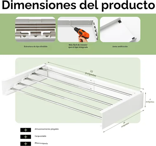 Miniatura 3 de BOQORAD Tendedero de ropa montado en la pared de 32 pulgadas, estante de secado para ropa de pared, estante de secado de lavandería, estante Blanco