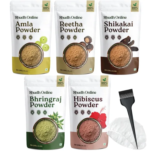 Combo de Polvo de Mascarilla Capilar Herbal Shudh Online, Polvo Herbal Ayurvédico Indio para el Crecimiento del Cabello (250g, 8.8oz), Bhringraj,