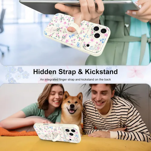 Miniatura 3 de Funda diseñada para iPhone 17 Pro Max con soporte plegable y correa para dedos, bonito patrón de lazo de corazón de flor rosa para mujeres y niñas