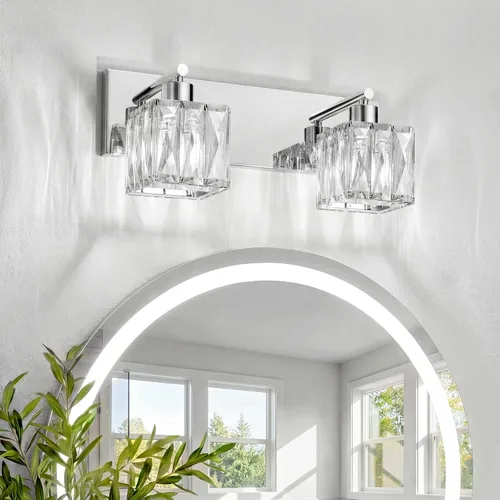 Miniatura 18 de VOLISUN Luces de tocador de cristal – 4 luces modernas de acero inoxidable para baño sobre espejo, acabado cromado – Certificado UL