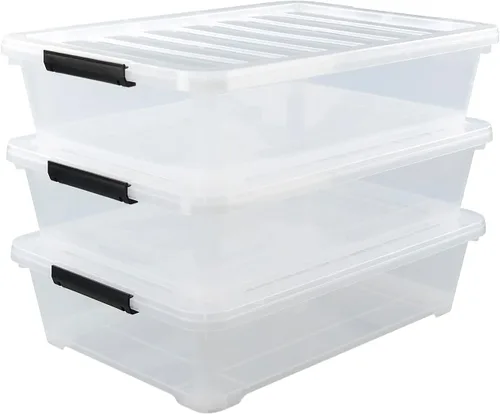 Zopnny Paquete de 3 cajas de almacenamiento de plástico de 40 cuartos de galón, contenedor de almacenamiento grande transparente debajo de la cama