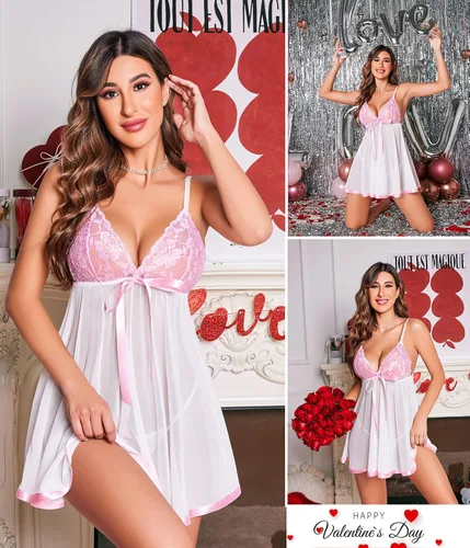 Miniatura 3 de Avidlove - Conjunto de lencería tipo camisón de encaje y malla para mujer