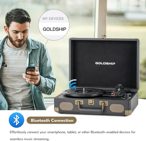 Miniatura 4 de Tocadiscos de vinilo portátil de 3 velocidades con Bluetooth con batería recargable, diseño retro de maleta, salida de línea Aux in/RCA y puertos