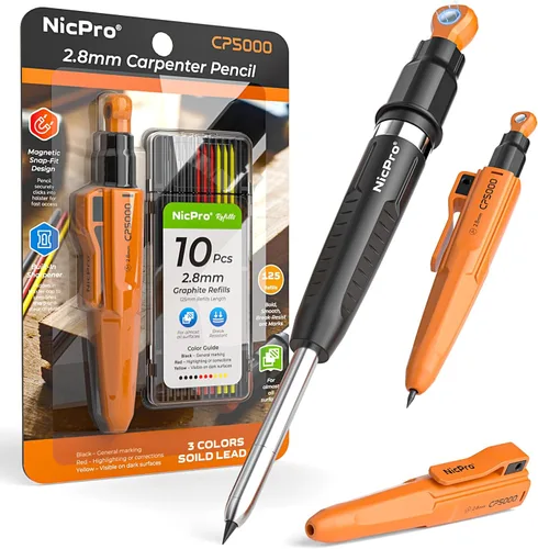 Miniatura 8 de Nicpro Lápices de carpintero magnéticos 7 en 1 CP5000 con sacapuntas, lápiz mecánico de construcción + 10 recargas, marcador de agujero profundo