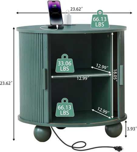 Miniatura 2 de AVZEAR Mesa auxiliar redonda grande de 24" con estación de carga, mesa auxiliar de sofá acanalada estilo granja con puerta tambour deslizante y Verde