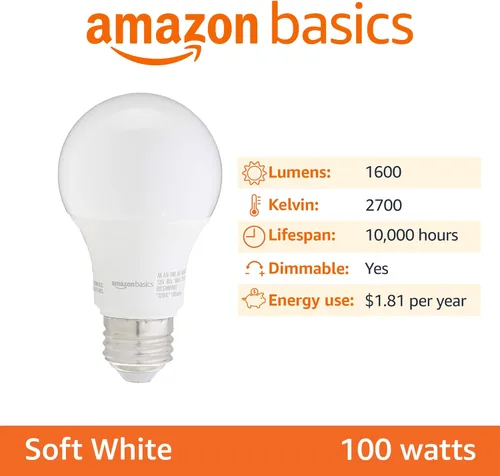Miniatura 2 de Amazon Basics Bombillas LED A19, equivalente a 100 vatios, eficiencia energética, 15 W, base estándar E26, blanco suave 2700 K, regulable, vida útil