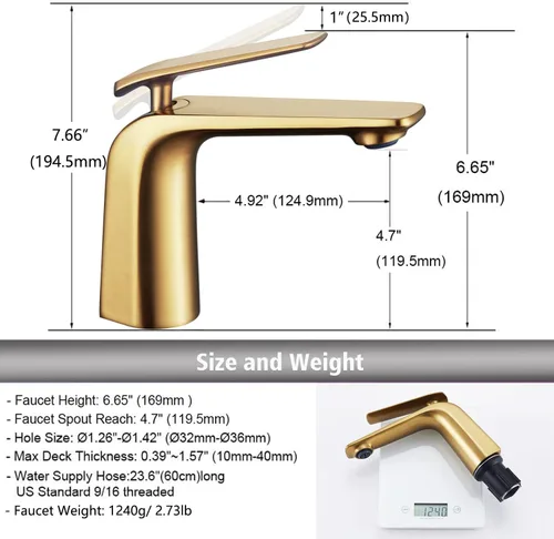 Miniatura 5 de TOCALOCA Grifo de baño de oro cepillado, un solo orificio, una sola palanca, grifo de lavabo tipo vasija, cobre, flujo aireado, 2.2 GPM, garantía