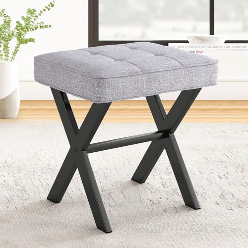 Miniatura 9 de LUE BONA Taburete de tocador blanco, asiento cuadrado de piel sintética con patas en X de metal, pequeña silla otomana para sala de maquillaje, sala