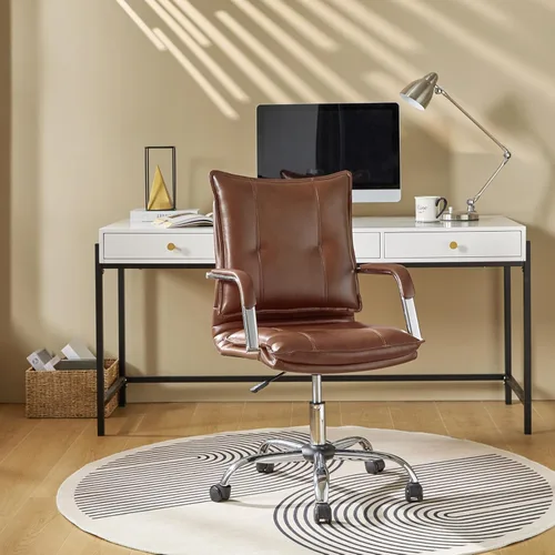 Miniatura 10 de HULALA HOME Silla de escritorio de piel sintética para oficina en casa, silla giratoria ajustable para computadora con patas y brazos dorados, Patas