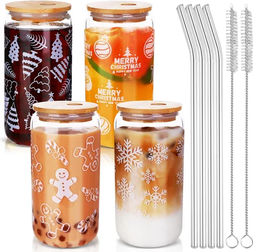 4 tazas de vidrio de Navidad con tapas y popotes, tazas de café helado de 16 onzas con tapas, vasos de cerveza de Navidad, tazas transparentes,