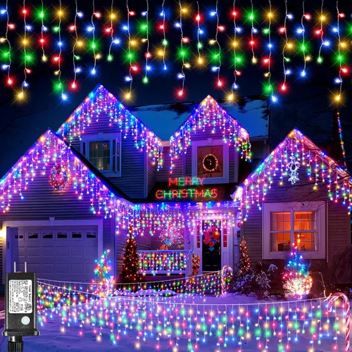 Luces de carámbano para exteriores, 16.5 pies, 200 luces LED de Navidad para exteriores, impermeables, 8 modos de enchufe, cortina de luz conectable