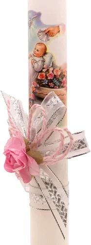 Miniatura 2 de Recuerdo de vela pascual de bautismo de 12 pulgadas, gran regalo católico para bautismo o bebé recién nacido, rosa azul, rosa o blanca con cintas