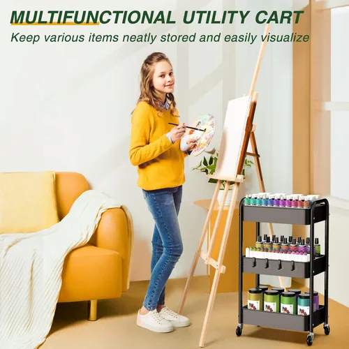 Miniatura 8 de LEHOM Carrito rodante de 3 niveles, carrito utilitario de metal con ruedas y ganchos bloqueables, organizador multifuncional de almacenamiento
